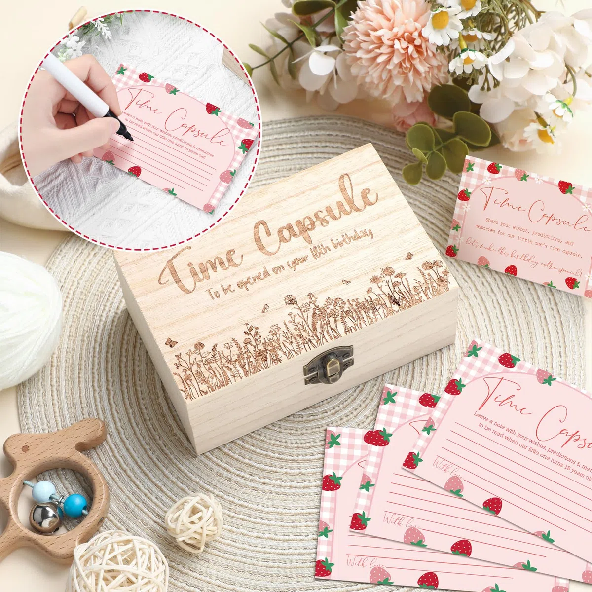Fuutreo Time Capsule - Recuerdo de primer nacimiento con tarjetas y caja de madera, cápsula del tiempo para bebé, juegos de fiesta de primer cumpleaños, regalos para invitados, baby shower