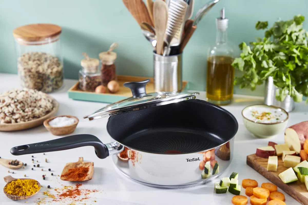Tefal Primary - Sartén de 24 cm con tapa de cristal, acero inoxidable de primera calidad, revestimiento antiadherente sano, inducción E3093204