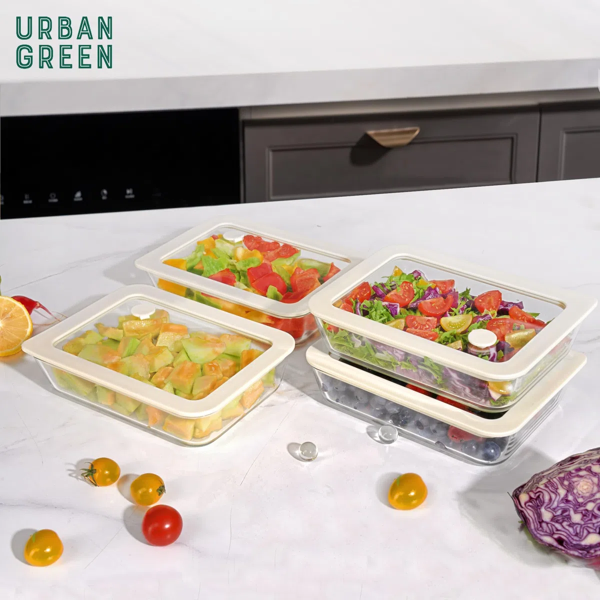 Urban Green Juego de Contenedores y Envases de Vidrio para Alimentos con Tapa de Vidrio (Arena Blanca - 4P)