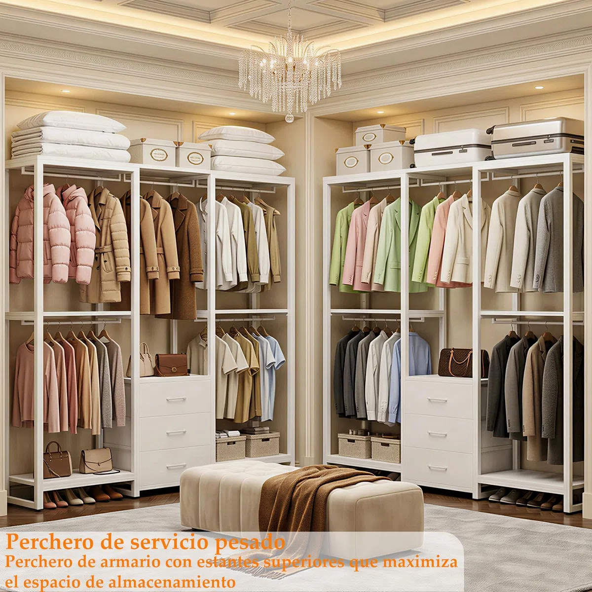 Homieasy Armario Abierto Con 5 Barras Y 3 Cajones De Tela | Estructura De Metal Y Paneles De Madera, Capacidad De Carga Hasta 450 Kg, Para Dormitorio, Vestidor O Pasillo
