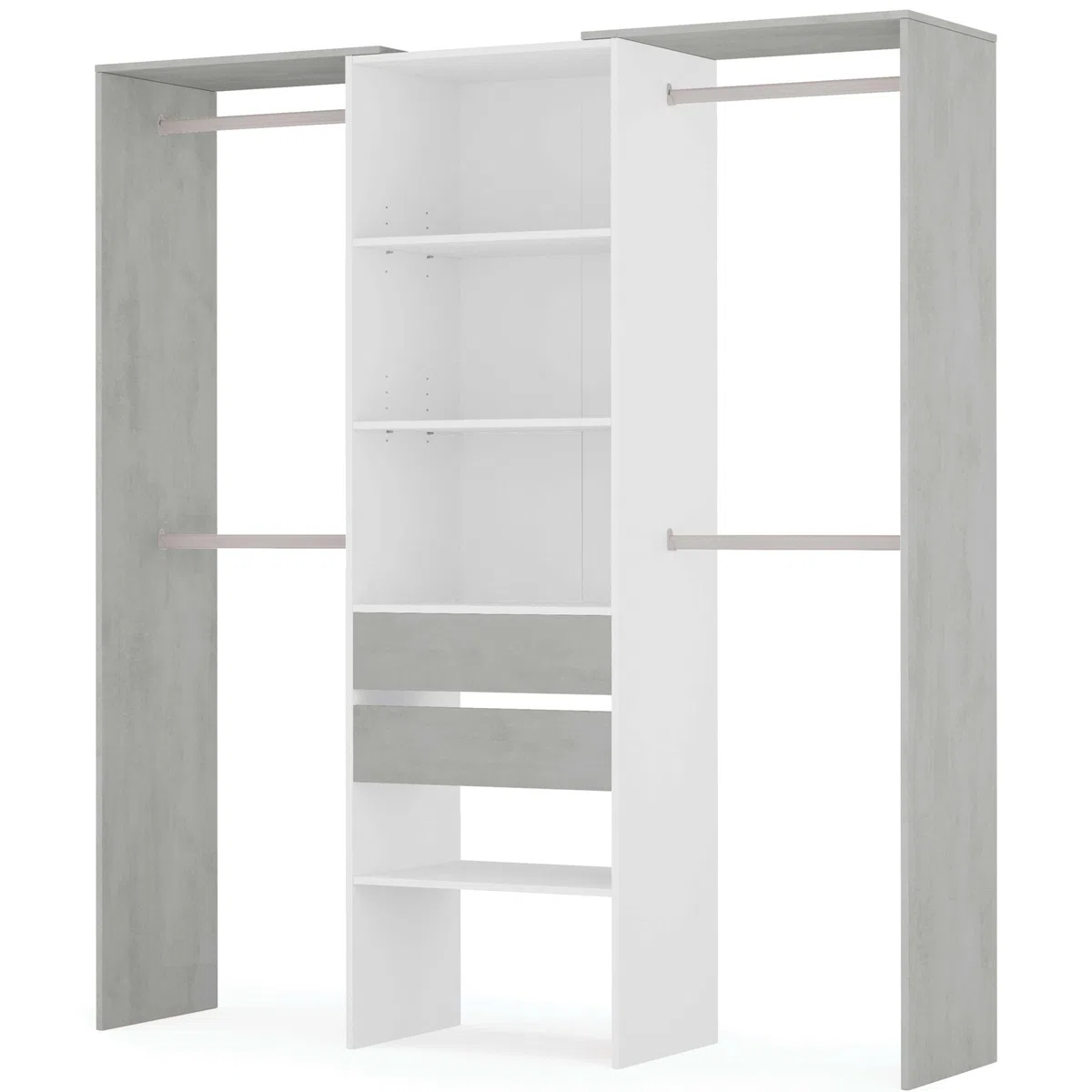 Habitdesign Armario Vestidor con 2 Cajones, Vestidor con Barras y Baldas, Acabado en Blanco Artik y Gris Cemento, Medidas: 179 cm (Ancho) x 202 cm (Alto) x 50 cm (Fondo)