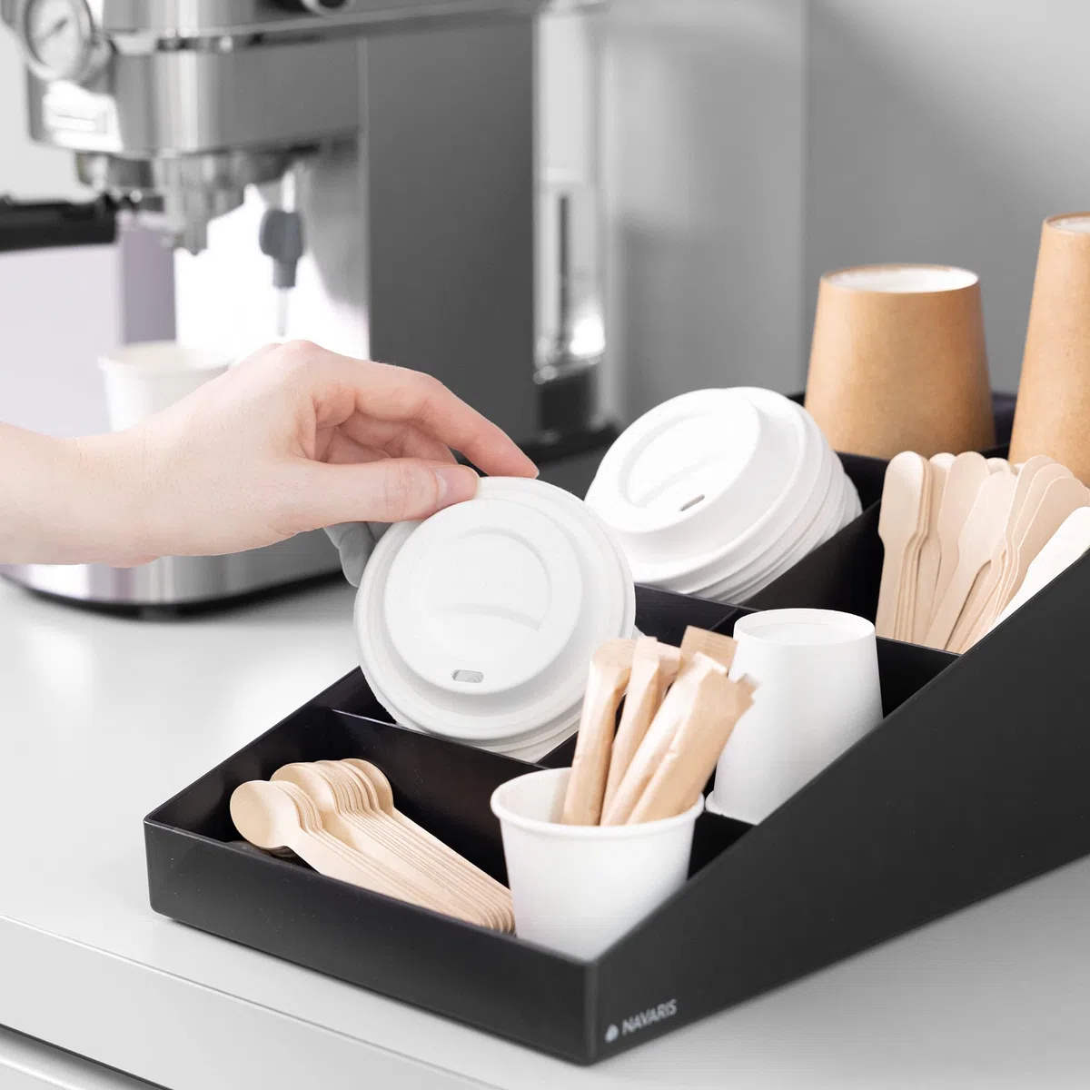 Navaris Organizador de café y té - Caja para Kit de Accesorios de cafetera - Bandeja con 7 cajoncitos para infusiones azucarillos Tazas cápsulas