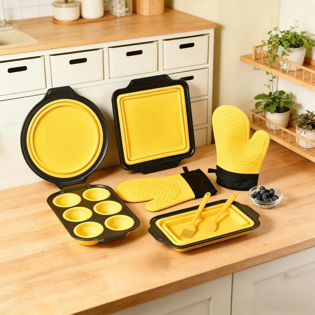 Juego de Moldes de Silicona para Hornear apilable y apto al lavavajillas | con Guante, Rasqueta y Cepillo Set Antiadherente para Hornear Resistente al Lavavajillas, para Magdalenas, Pan, Galletas