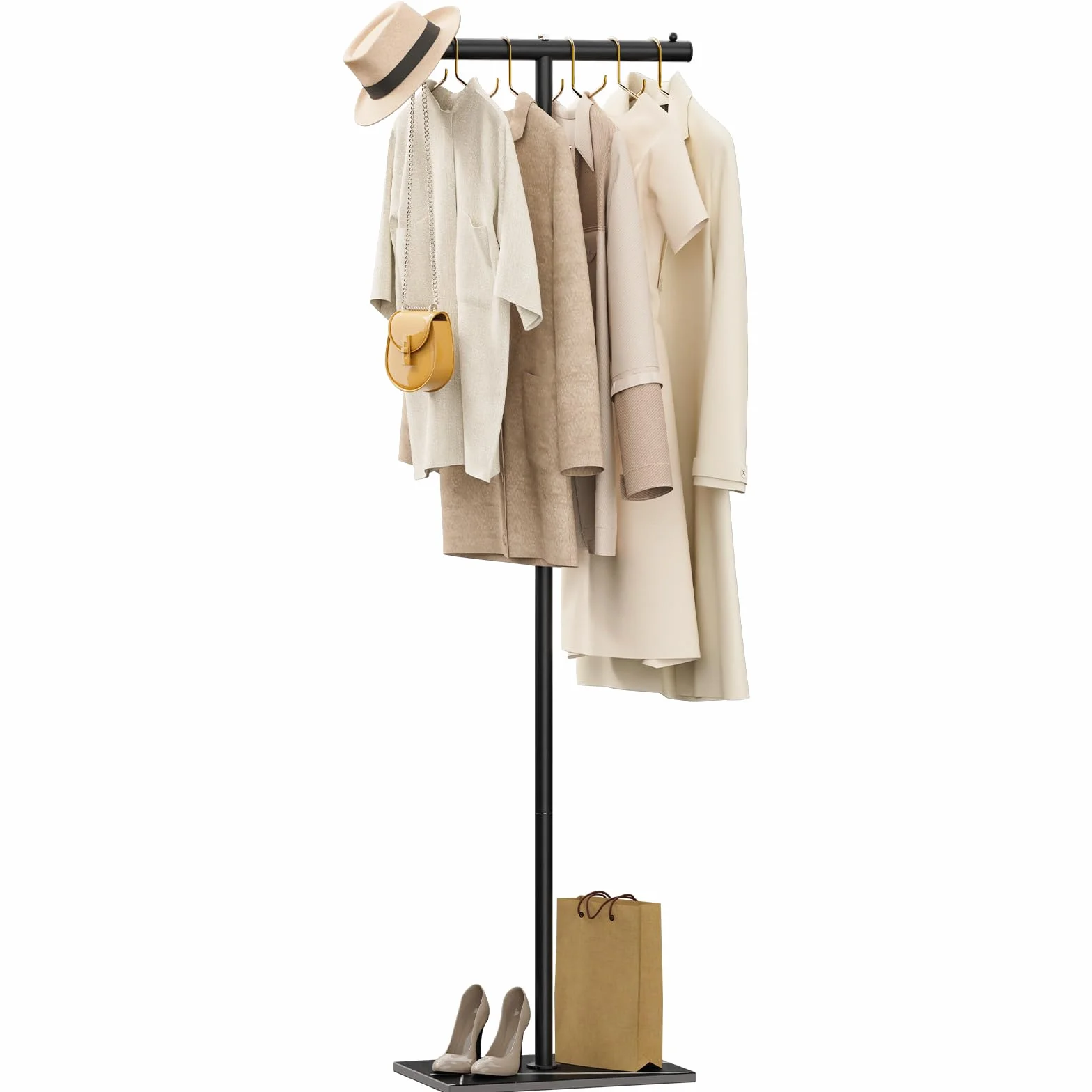 OUTBORS Perchero, Organizadora Independiente con Gancho, Multifuncion Percha de Estructura en Forma de T, Disponible para Armario, Dormitorio, Pasillo, Entrada, 175cm, Negro