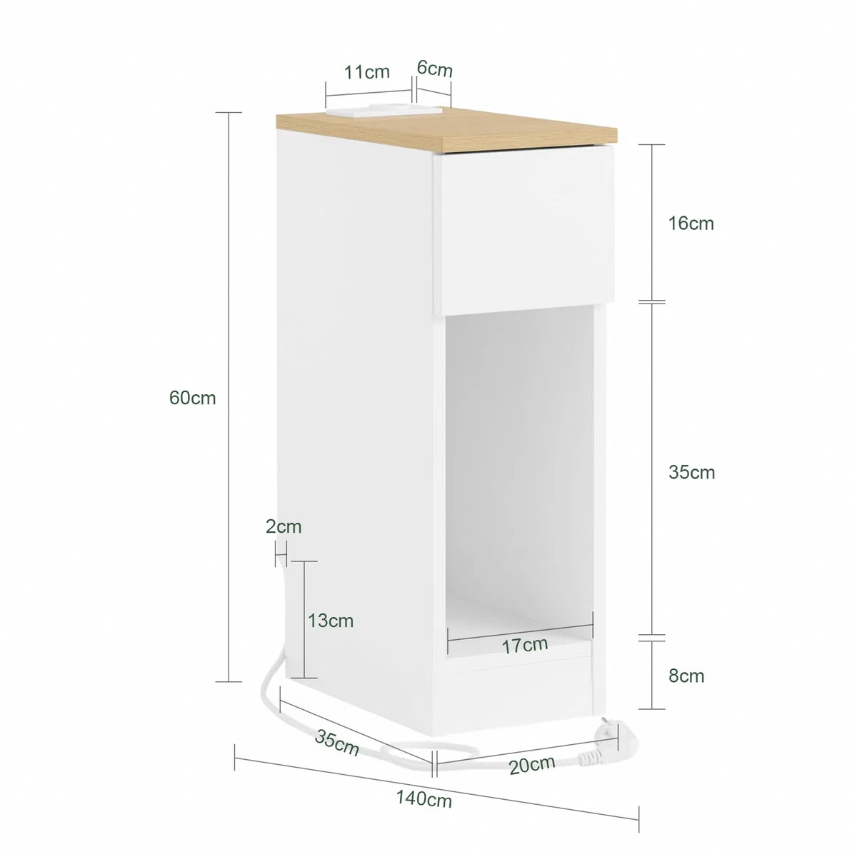 SoBuy mesita de Noche 20cm con estación de Carga y rodapié, 20x35x60cm | Mesilla de Noche Mesa Auxiliar estrecha, ahorra espacio para dormitorio, sala de estar, espacios pequeños, Blanco FBT111-E-WN