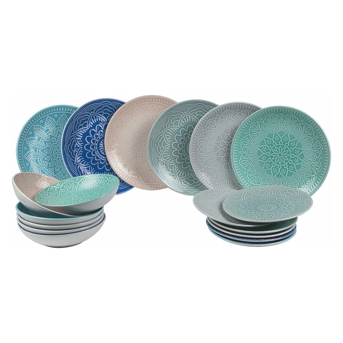 Villa d'Este Home Tivoli 5902642 Juego de Platos Llanos Luxor de Gres, Multicolor, Caja de 18