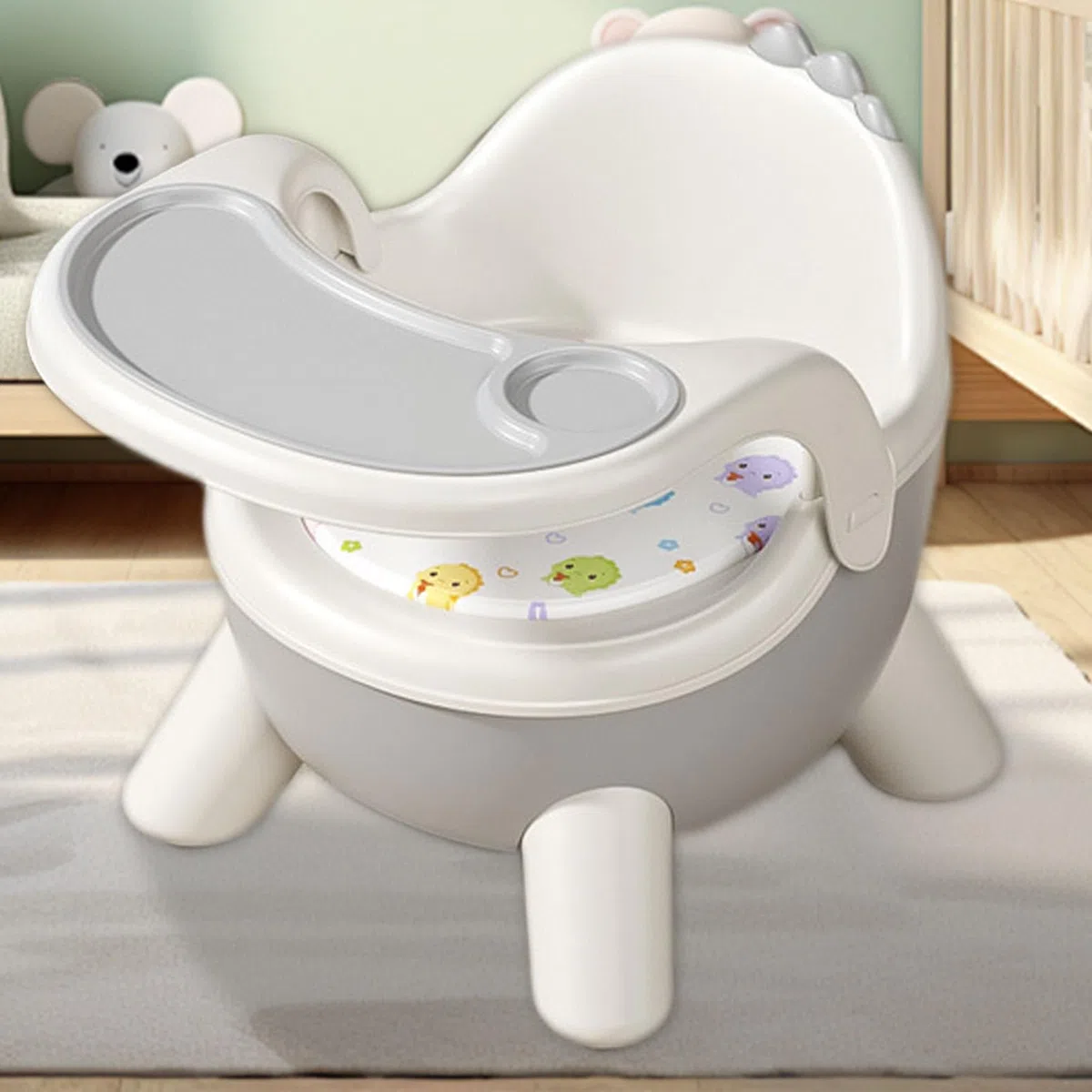 Silla Para Comer Bebé Silla Infantil de Comedor con Diseño de Dinosaurio | con 2 Bandejas Extraíbles y Asiento Ergonómico, para Alimentación en Casa, Guardería o Exteriores
