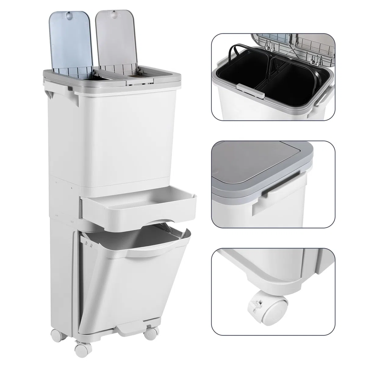 Cubo de basura de cocina con 3 compartimentos, 42 L, para cocina en seco y húmedo, con tapa, con tapa sobre ruedas, para cocina, apartamento, oficina, color blanco