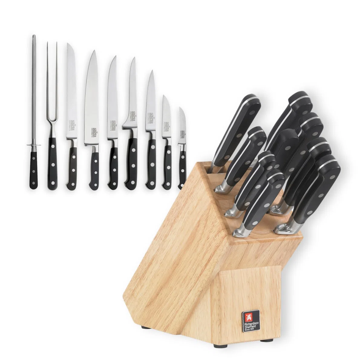 RICHARDSON SHEFFIELD V SABATIER Bloque Juego Verduras, deshuesar, Cuchillo de Chef, Tenedor de trinchar, Afilado, etc Plástico Cromo-molibdeno-vanadio, Madera Acero Inoxidable, Multicolor, talla única
