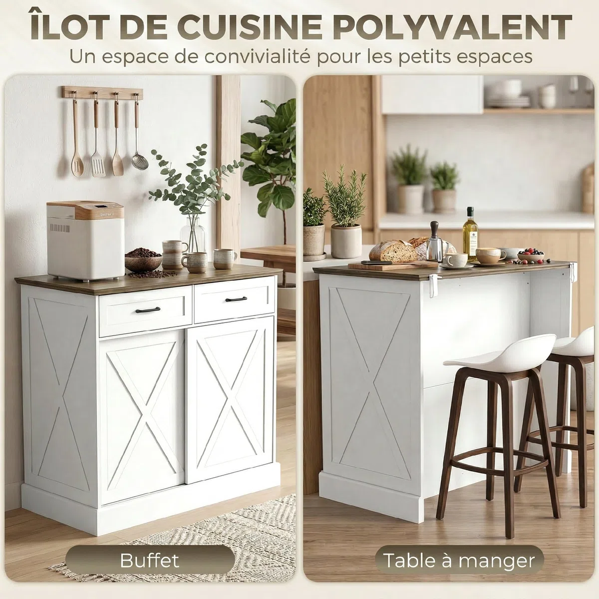 HOMCOM Isla Central Cocina, Aparador Cocina, Mueble de Almacenamiento con 2 Cajones, 2 Puertas Corredizas y Estante Ajustable, Estilo Rústico, 106,4 x 57 x 92 cm, Blanco y Marrón