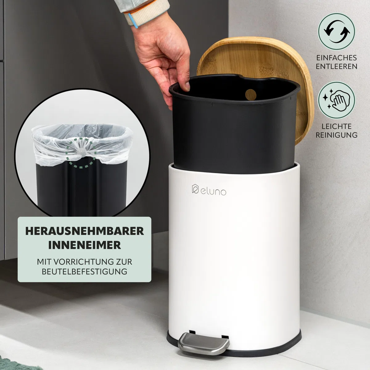 eluno Juego de accesorios de baño Framura, 2 piezas, compuesto por 1 cubo cosmético con tapa de cierre suave y 5 litros de capacidad y 1 juego de inodoro, de metal con tapa de bambú (blanco)