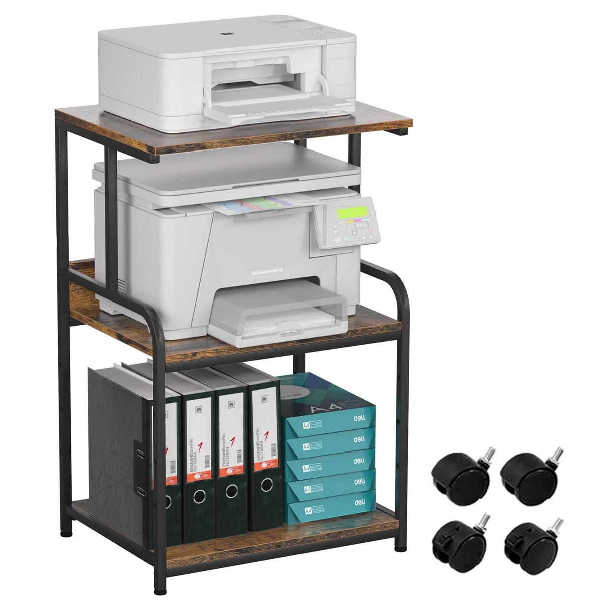 Soporte de impresora de 3 niveles, mesa de impresión con ruedas, carro de impresora de metal, estante para oficina, hogar, escuela y estudio, armario de impresora para fax, fotocopiadora, escáner