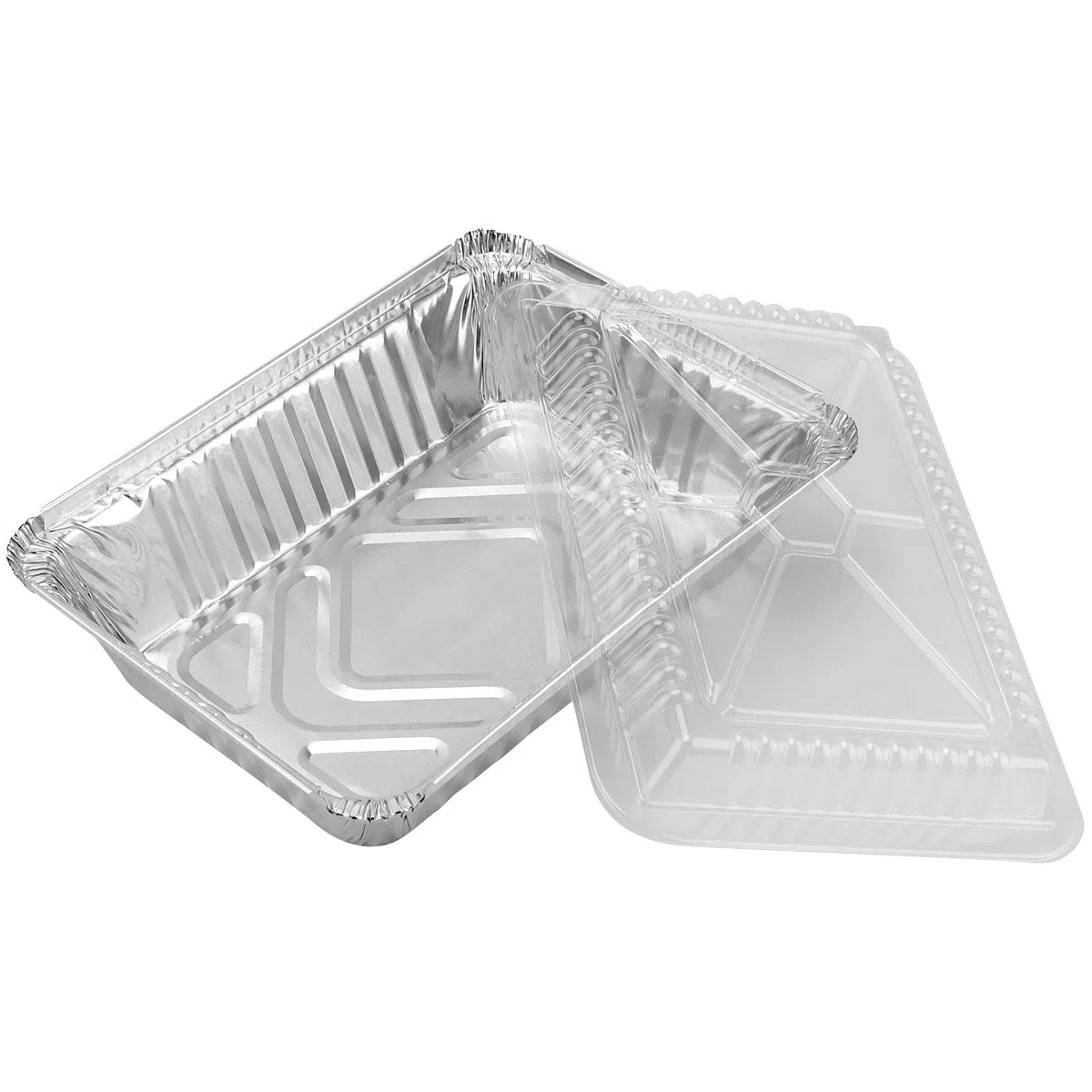 Paquete de 125 sartenes desechables de papel de aluminio de 8.5 x 6.3 pulgadas, recipientes de papel de aluminio de 2.2 libras con tapas de plástico, sartén rectangular de aluminio para hornear