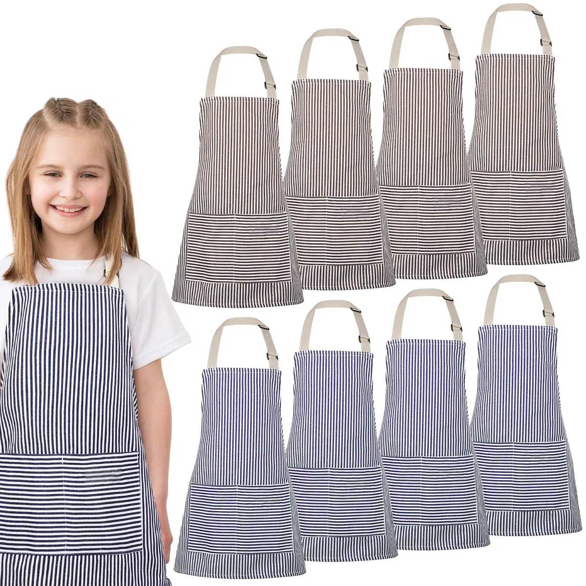 Newcotte Delantal de chef ajustable de algodón para niños y niñas, 8 piezas, con 2 bolsillos, delantal a rayas, delantales de cocina para niños y niñas, azul y marrón, Tiras grises y blancas, tiras