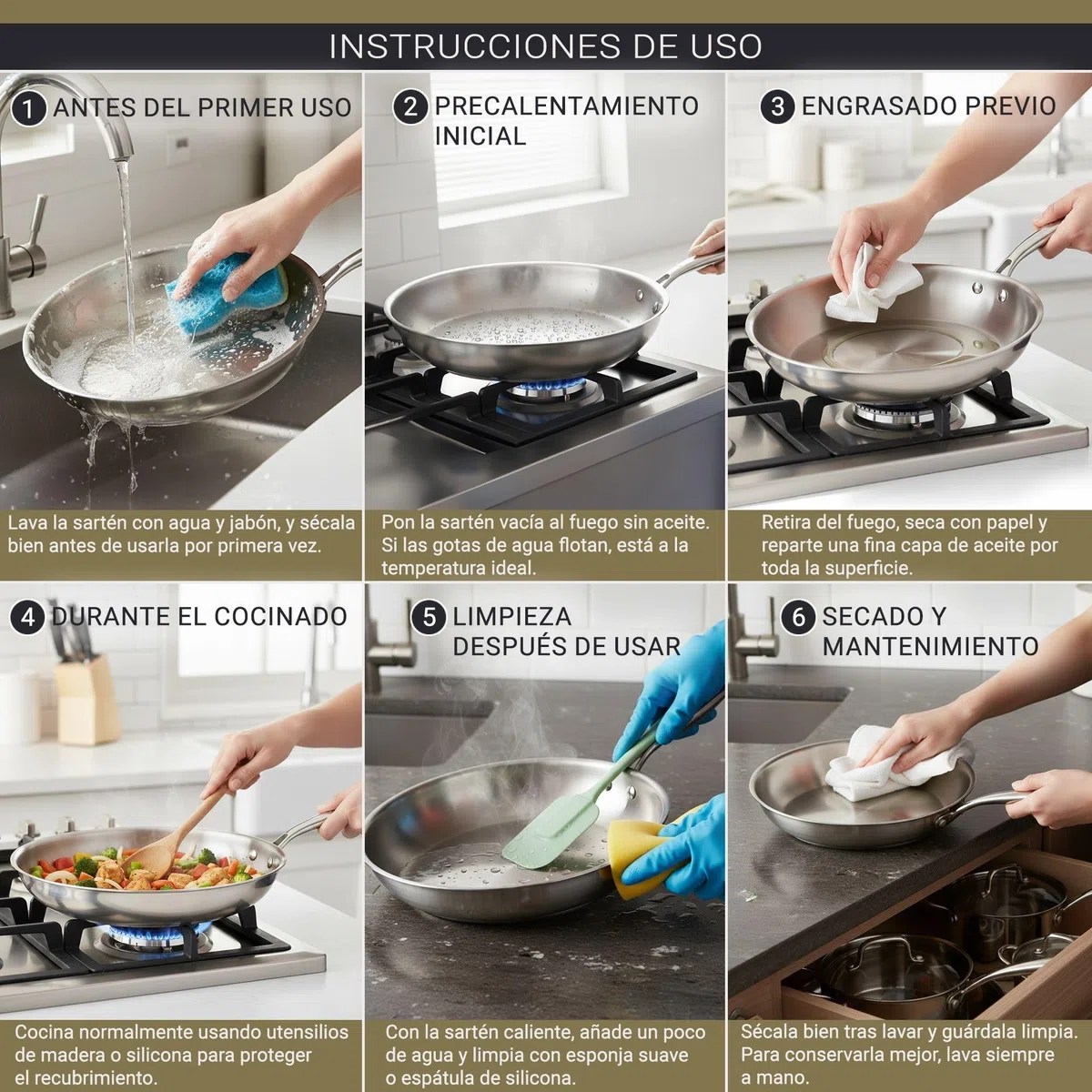 Santa Clara | Juego de Sartenes Acero Inoxidable 18/10 Trifusión 20-26-30 cm, Set de 3 Piezas Sin Revestimiento, Apta para Inducción, Horno, Gas y Vitro, Cocina Saludable y Libre de Tóxicos