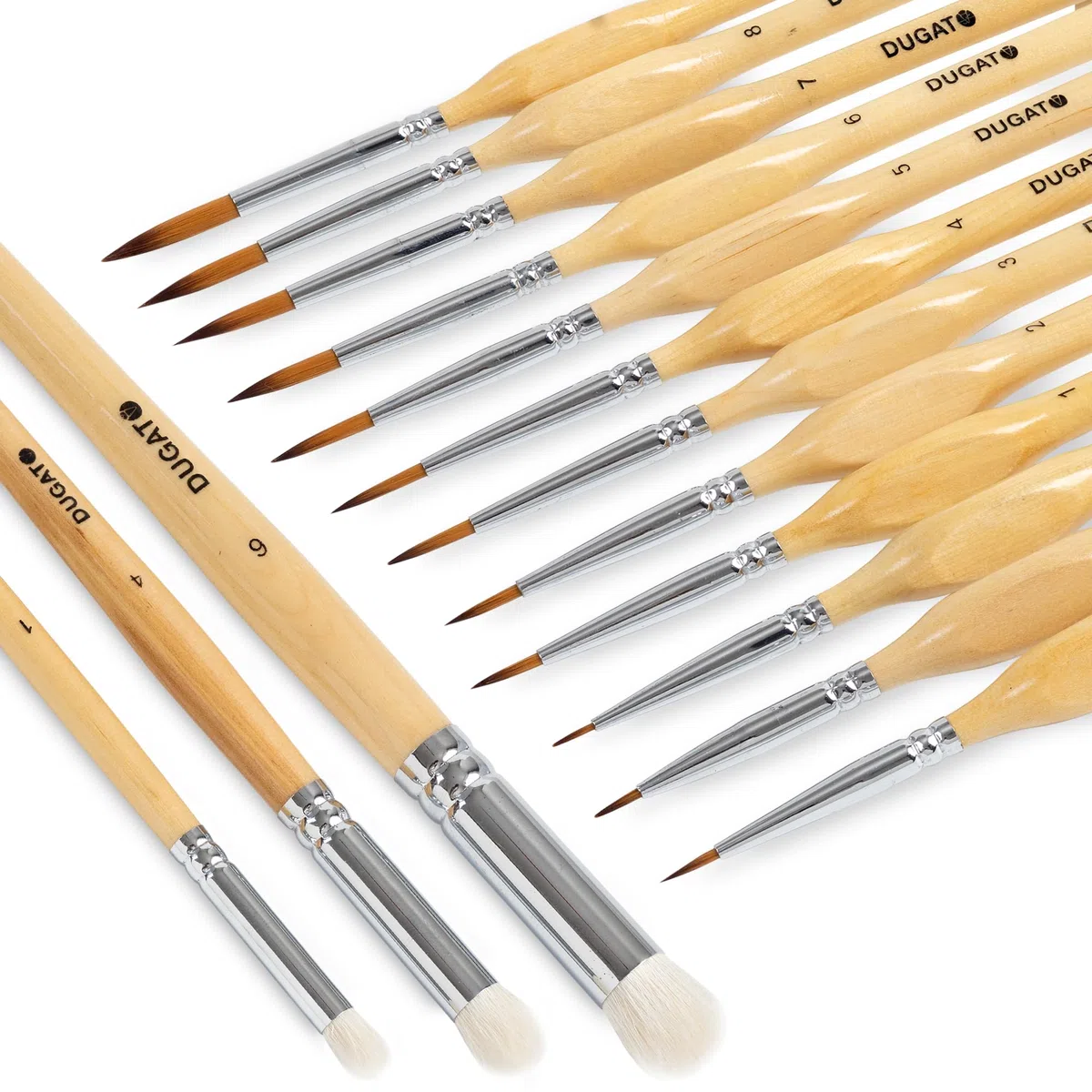 DUGATO Juego de 15 pinceles para detalles en miniatura, pinceles de microdetalles y pinceles secos con cerdas de primera calidad y mango de madera, para pintura acrílica al óleo, acuarela, pintura por