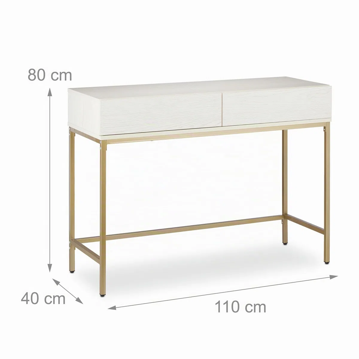 Relaxdays Consola Recibidor, 2 Cajones, Sideboard, Mesita Pasillo, Salón, Madera y Metal, 80x110x40 cm, Blanco y Dorado