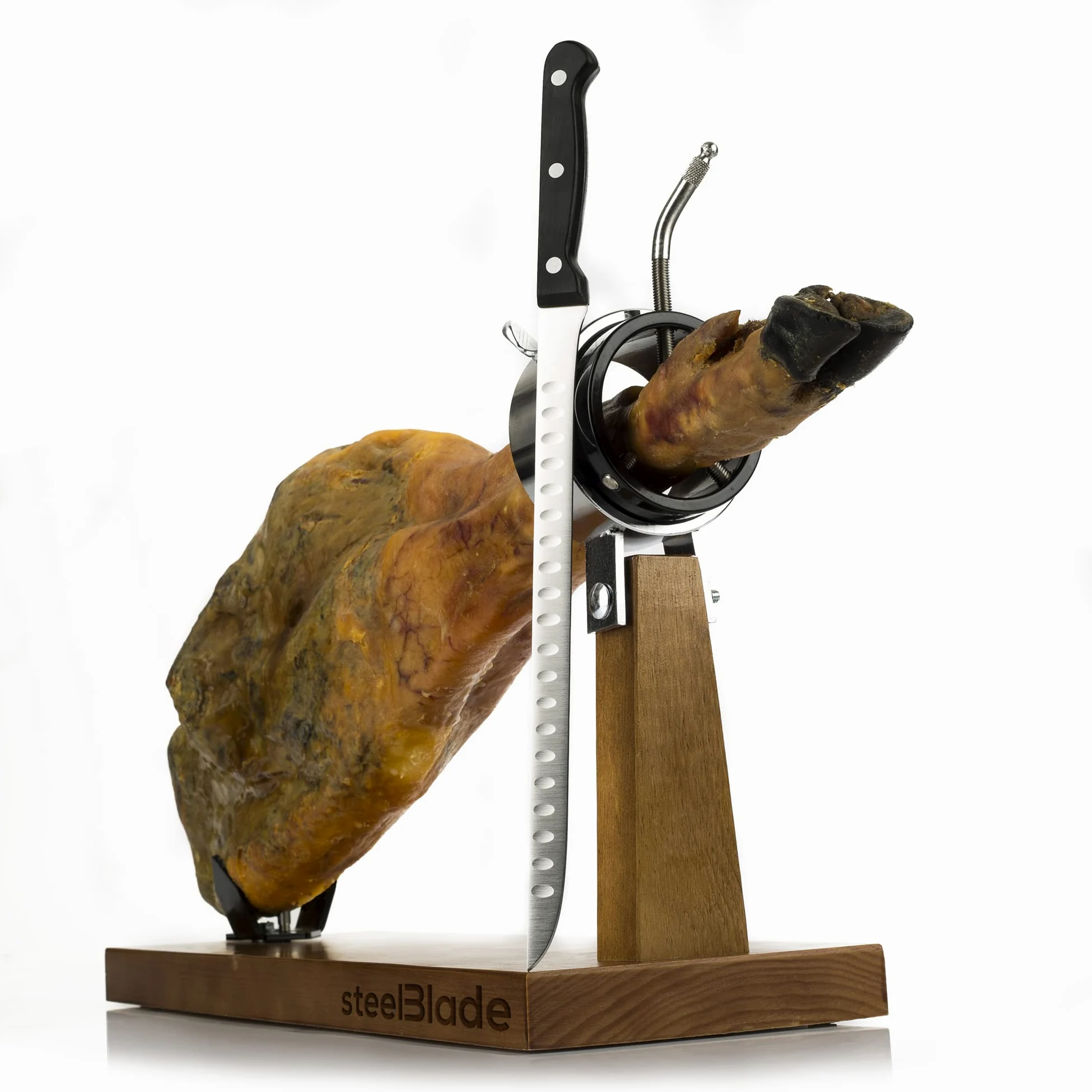 Jamonero Giratorio 360º Madera Lacada + Cubre jamón Kukuxumusu + Cuchillo Jamonero 28 cm - Soporte Jamonero Fabricado en España - Jamonera 2 Posiciones para Jamones y Paletas (011132)