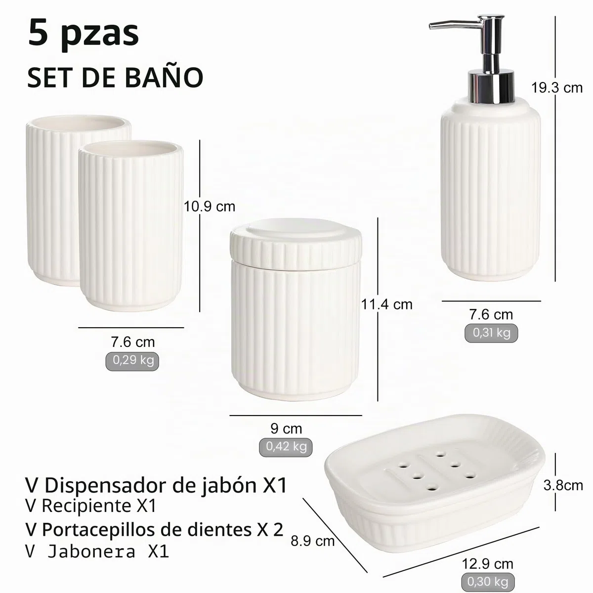 NOVAJOY Juego de baño, organizador de baño de cerámica de 5 piezas con dispensador de jabón, jabonera, soporte para cepillo de dientes, recipiente de bastoncillos de algodón, beige y blanco