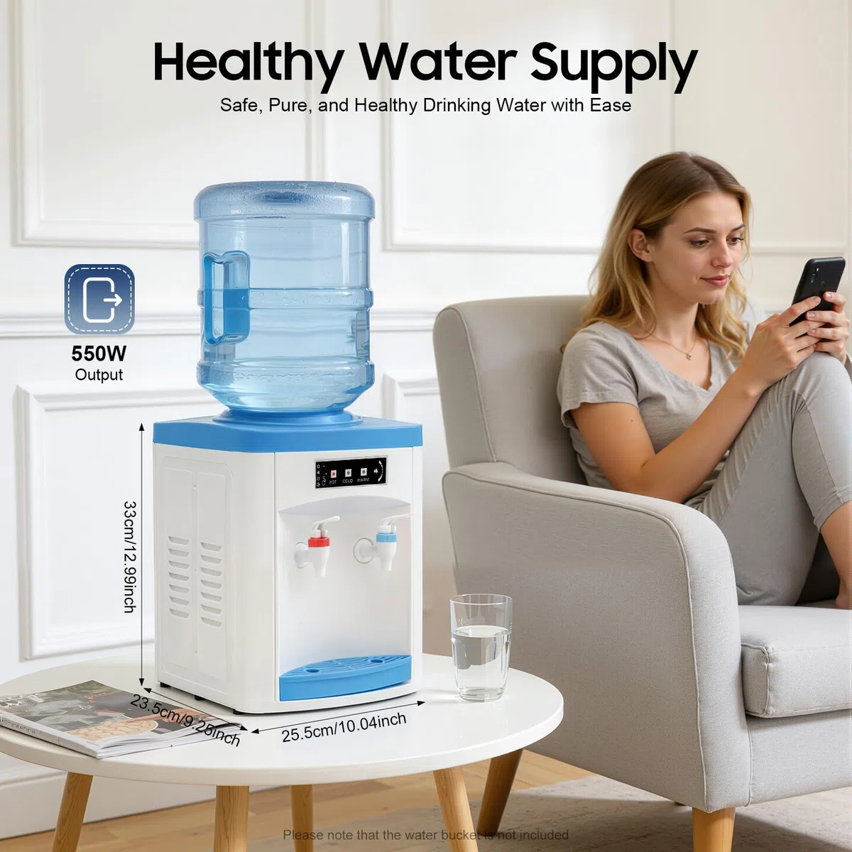 Dispensador de Agua Fria, 550W Dispensador de Agua, 25,5x23,5x33cm Water Dispenser de Sobremesa, Grifo de Presión y Luces Indicadoras, para Botellas 4.5-18.9L, Para Oficina, Cocina o Dormitorio