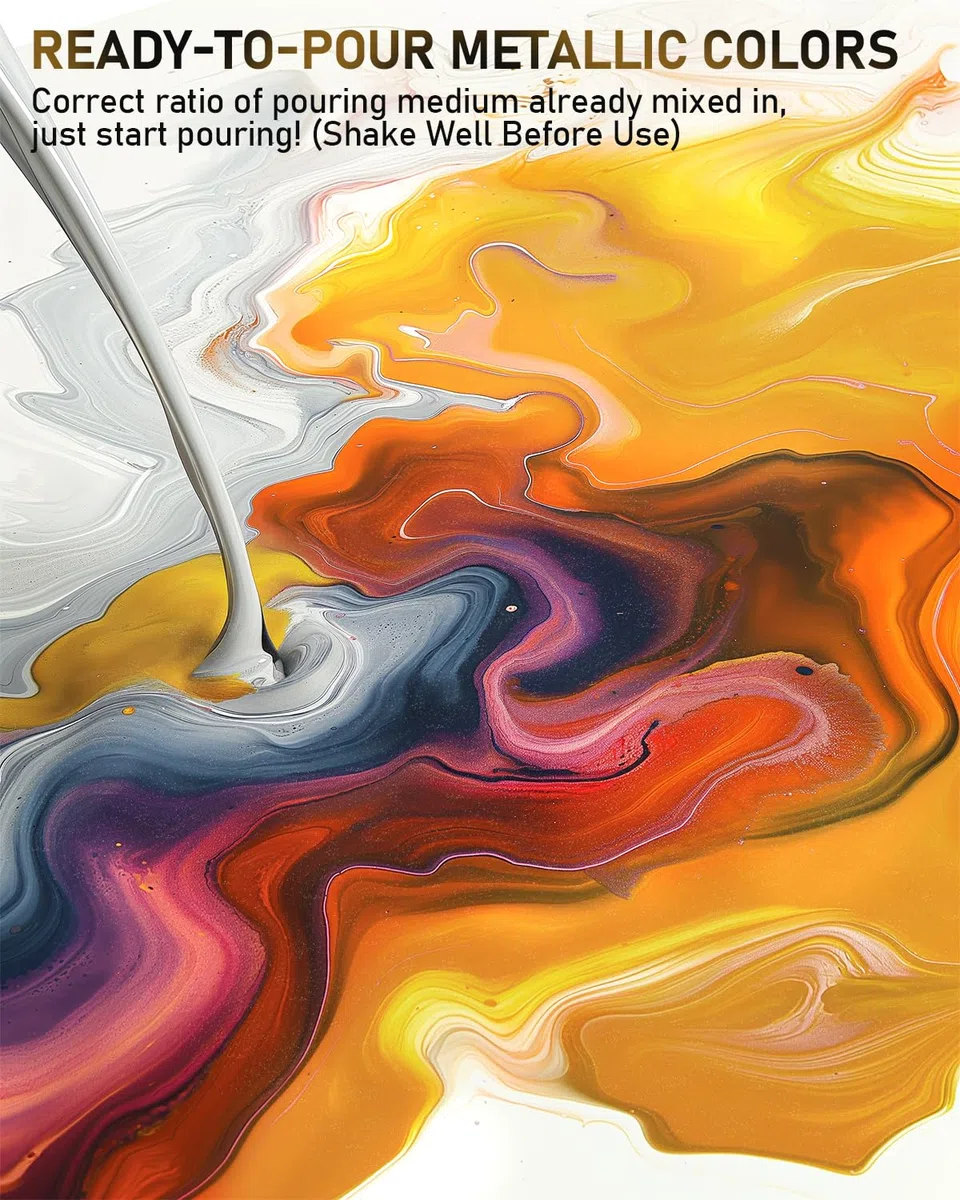 Nicpro Juego de pintura acrílica metálica grande de 8 colores (33.8 onzas, 1000 ml), kit de proveedor de pintura premezclada de alto flujo con aceite de silicona para verter guantes, manteles para