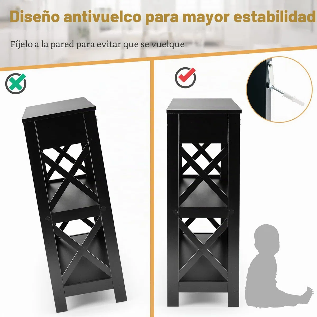GIANTEX Mesa de Consola de 3 Niveles con Cajón y 2 Estantes Abiertos, Mesa de Entrada con Kit Antivuelco, 100 x 30 x 80 cm, Estantería de Almacenamiento para Salón, Pasillo (Negro)