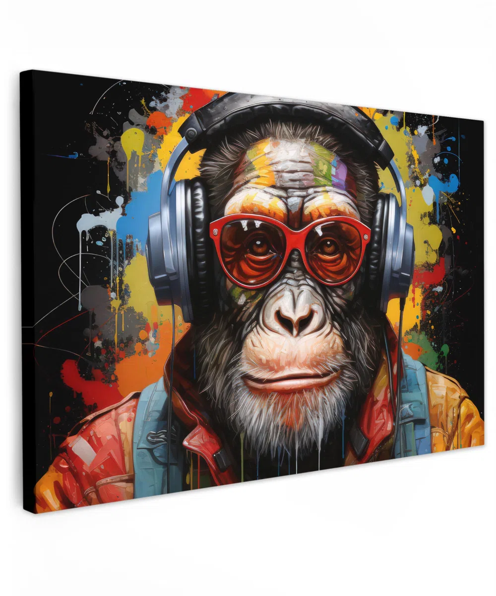 MuchoWow© Laminas Cuadros de Salon para Dormitorio 120x80 cm Lienzos Decoración Pared Cuadro Habitacion Decoracion Chimpancé - Mono - Animales - Graffiti - Gafas - Auriculares - Colores | 120 x 80 cm – Impresiones de pared dormitorio chimpancé – Mono – An