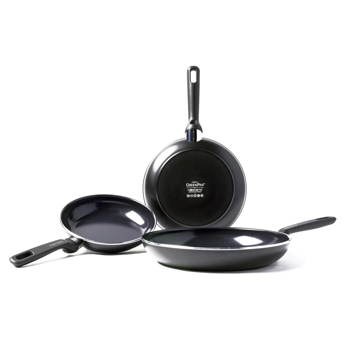GreenPan Memphis Juego de Sartenes Antiadherentes de Aluminio con Revestimiento de Cerámica Saludable, 20 cm, 24 cm & 28 cm, Sin PFAS, Aptas para Inducción, Horno y Lavavajillas, Negro
