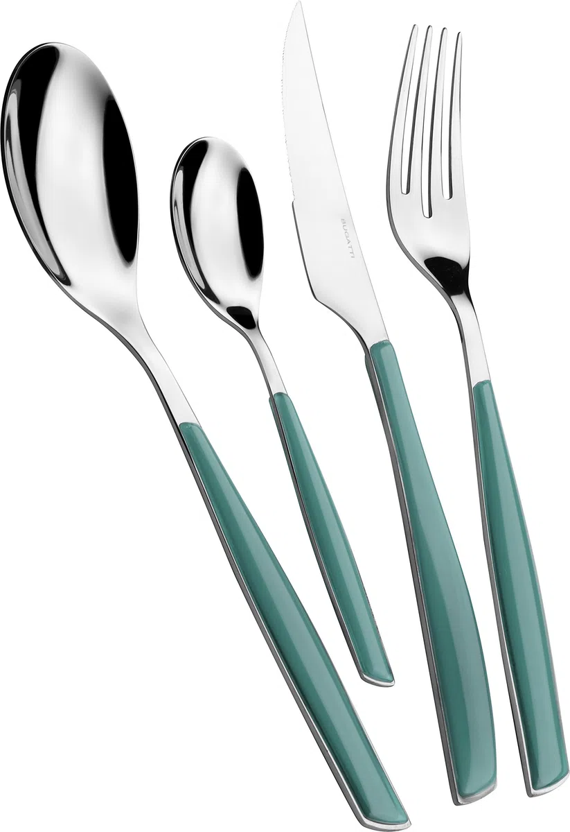 Cubertería BUGATTI, Glamour, 24 piezas en acero inoxidable 18/10 y mango CELADON GREEN. Juego de cubiertos para 6 personas compuesto por 6 cucharas, 6 tenedores, 6 cuchillos y 6 cucharas de café