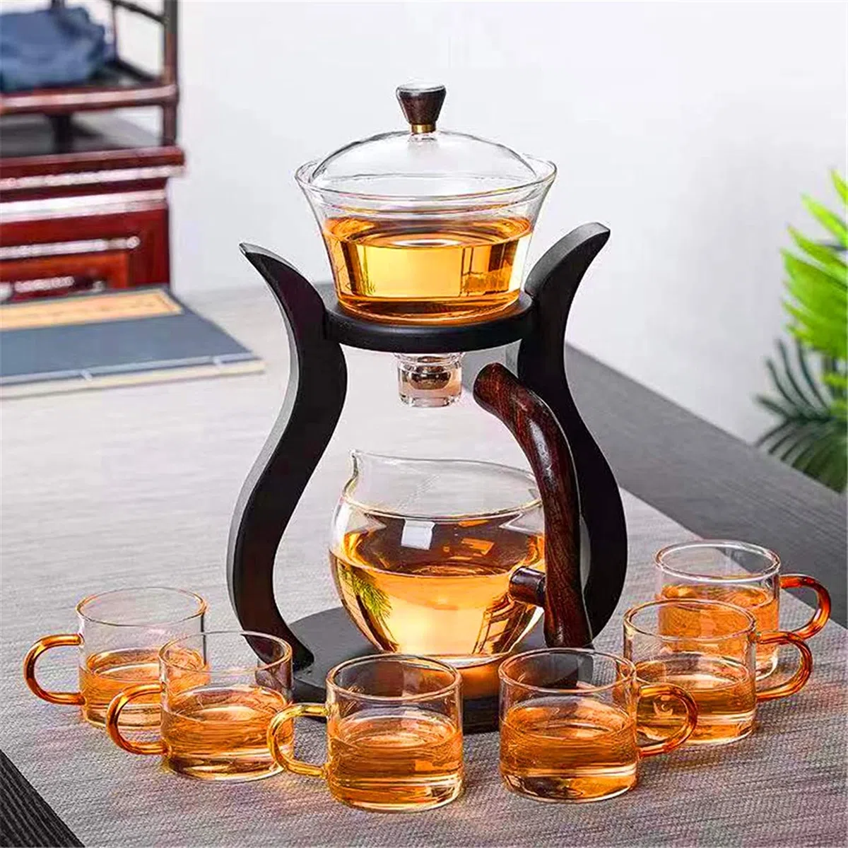 RORA Tetera de vidrio semiautomática con tapa giratoria para flujo de agua magnético, juego de tetera de vidrio de madera con 6 cuencos (tetera con 6 tazas)