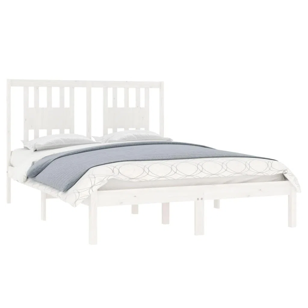 Cama de madera maciza de pino blanco de 140 x 190 cm, marco de cama resistente con cabecero, cama de madera para dormitorio, adultos, adolescentes, duradera