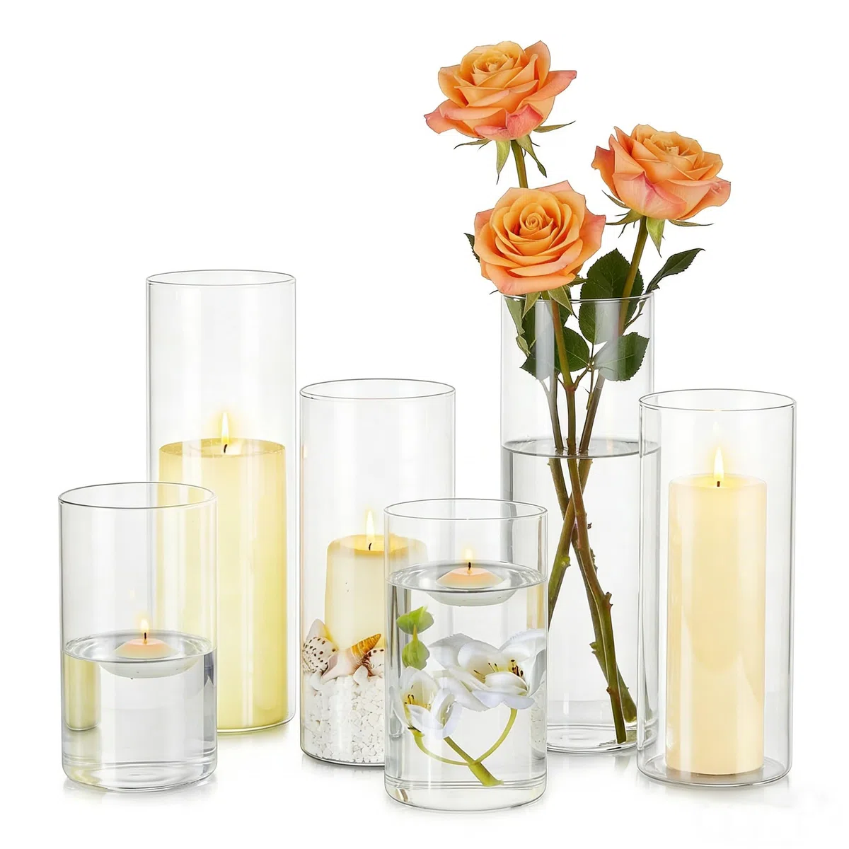 Hewory Porta Velas de Huracán de Vidrio - Conjunto de 6, 15/20/25 cm para Velas de Pilar y Flotantes - Jarrones de Cilindro para Centro de Boda