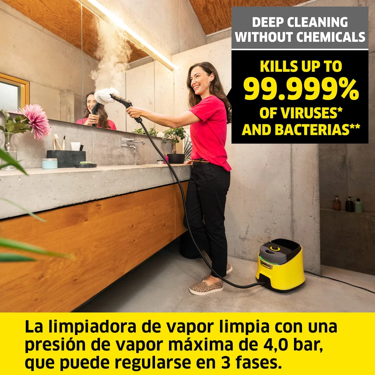 Kärcher, Limpiadora de vapor SC 4 Deluxe EasyFix, Presión de vapor 4 bar, Calentamiento 3 min, Superficie 130 m, Kit suelos EasyFix, Boquillas, cobertura microfibra y cepillo, Amarillo, Negro