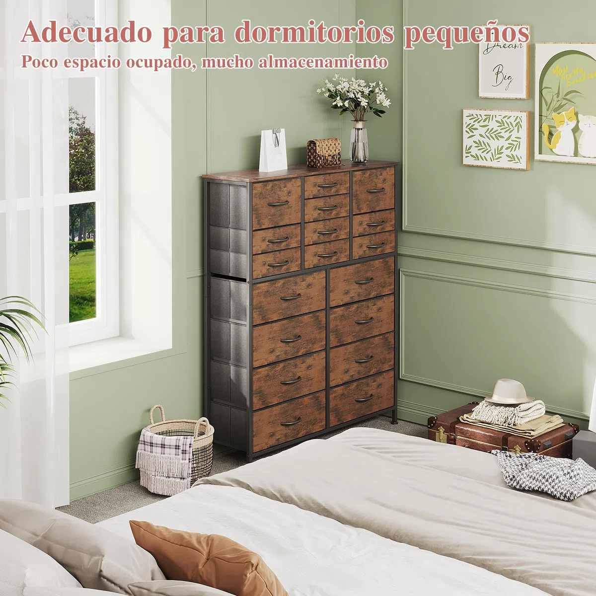 CAIYUN Cómoda con 18 cajones de tela, cómoda para dormitorio, cómoda, salón, armario de almacenamiento, con marco de acero resistente, tablero de madera (marrón vintage)