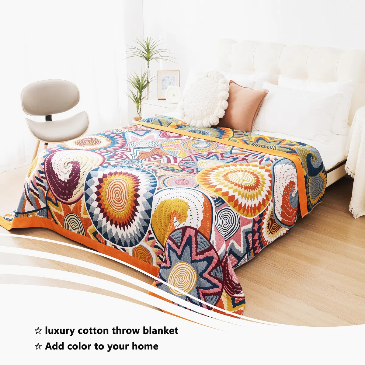 VANJOROY Manta bohemia de doble cara para sofá, cama grande, 100% algodón orgánico, cálida, suave, lujosa manta bohemia para sofá de 2 y 3 plazas, sillón y sofá, 150 x 200 cm, colorido