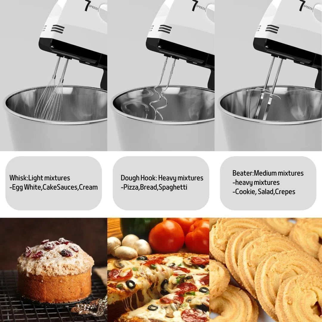 Batidoras de pie, 7 velocidades con cuenco de acero inoxidable de 3 cuartos de galón, batidora de mano con gancho de masa, batidor, batidor de mezcla para hornear, pasteles, galletas, amasar (plata)