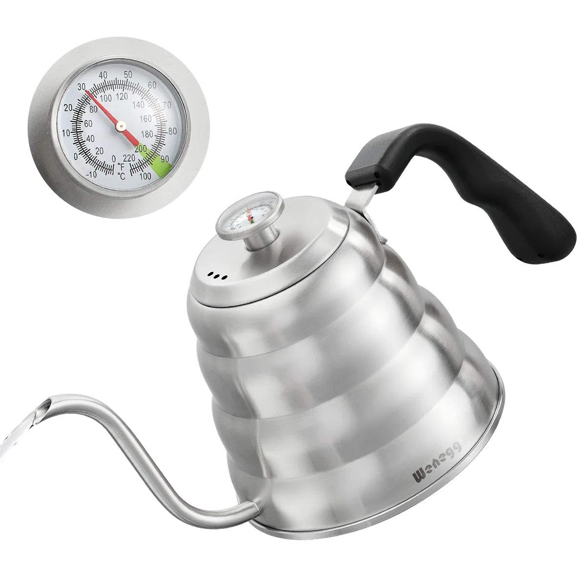 1.2 L Hervidor de Agua con Cuello de Cisne de Acero Inoxidable, Hervidor de Agua con Termómetro para Placas de Gas e Inducción, Gooseneck Kettle para Preparar Té y Café, Plata