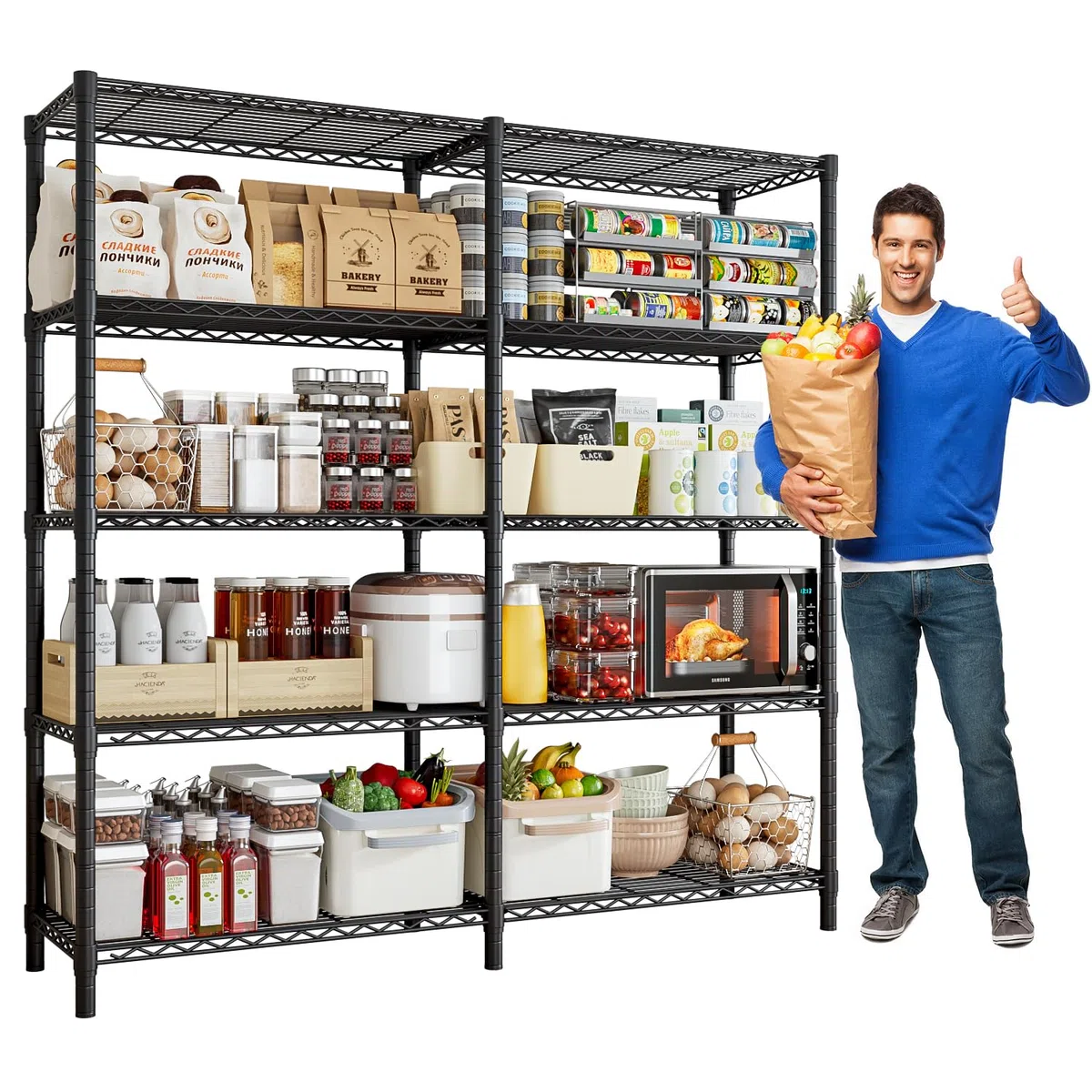 Estanterias Almacenaje 1500LBS Estanterias,Negro | Almacenaje Cocina 5 Pisos Estanterias Metalicas,61''W*72''H*15.7''D