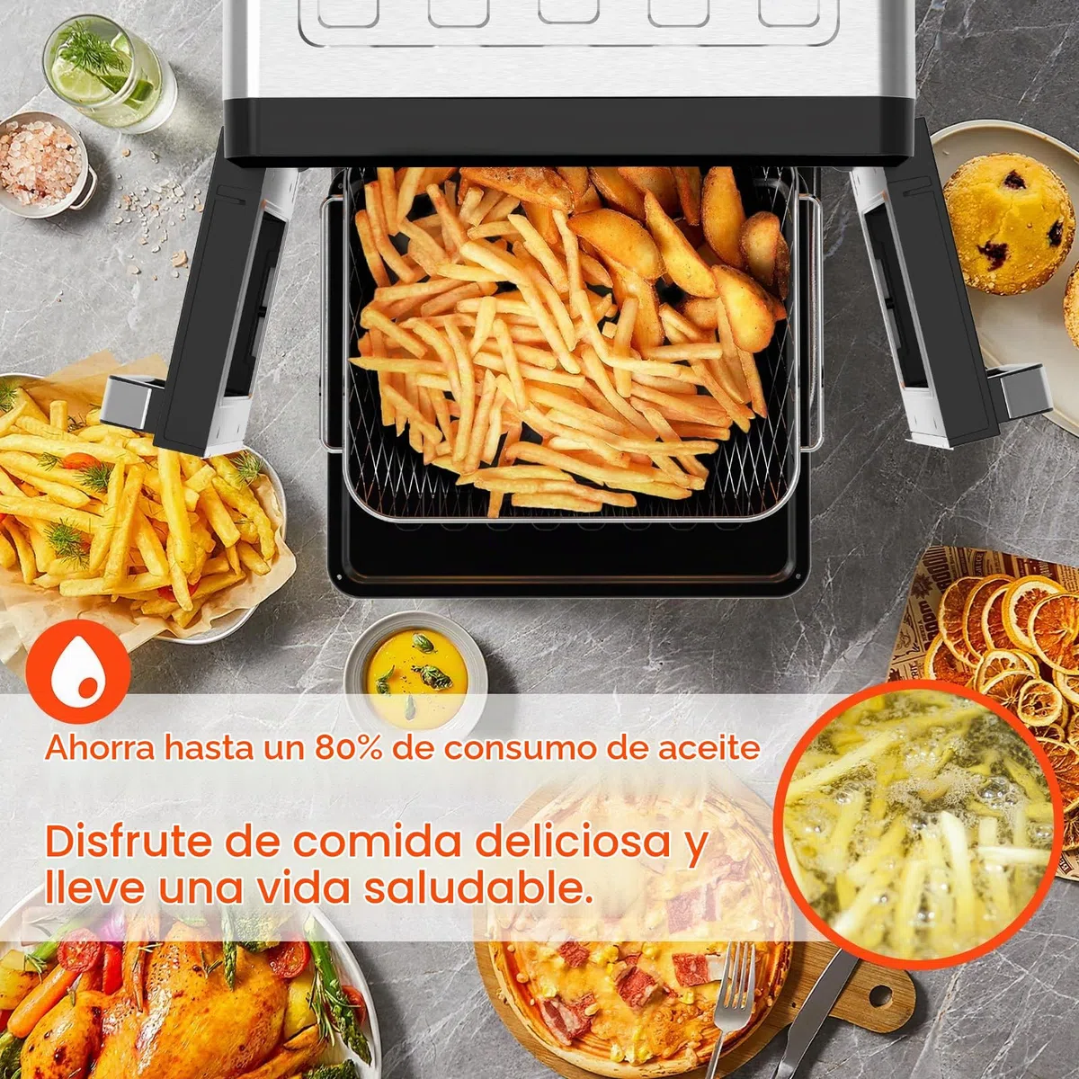 Freidora de Aire Dual Zone 23L, Air Fryer XXL con divisor extraíble, Freidora sin aceite con puertas French Door, 15 programas, Gran ventana, 5 juegos de accesorios, Libro de recetas