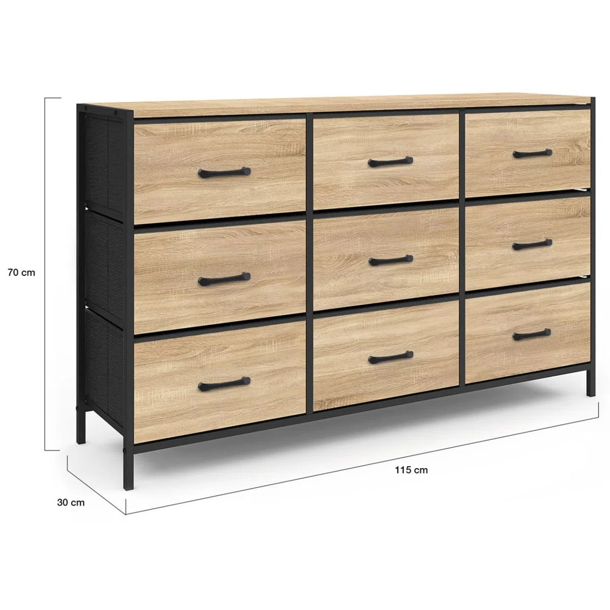 IDMarket Utah - Cómoda 9 cajones de tela (115 cm, mueble de almacenamiento, diseño industrial