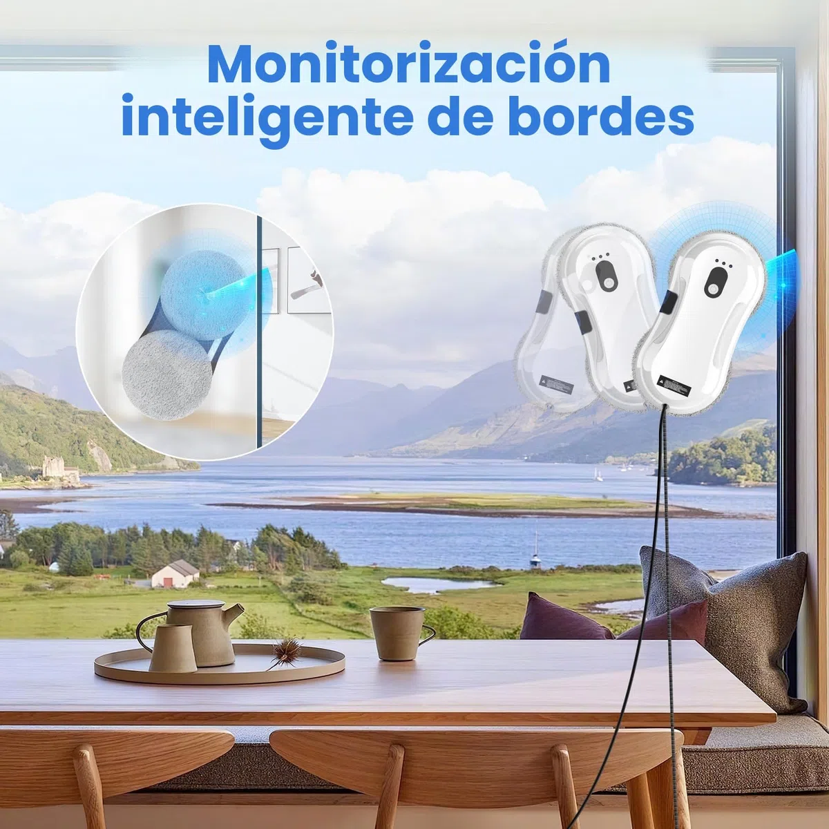 Robot Limpiacristales, Limpia Cristales Eléctrico Ventanas con Spray de Agua, Mando a Distancia, Robot Limpia Cristales, Sistema UPS Anticaída, Navegación Inteligente, Detección de Bordes, 10 Paños
