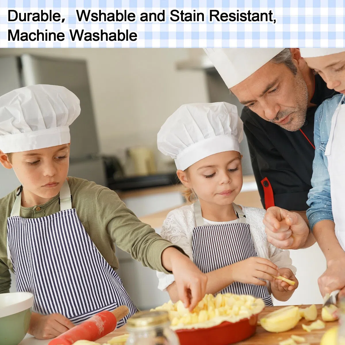 Newcotte Delantal de chef ajustable de algodón para niños y niñas, 8 piezas, con 2 bolsillos, delantal a rayas, delantales de cocina para niños y niñas, azul y marrón, Tiras grises y blancas, tiras
