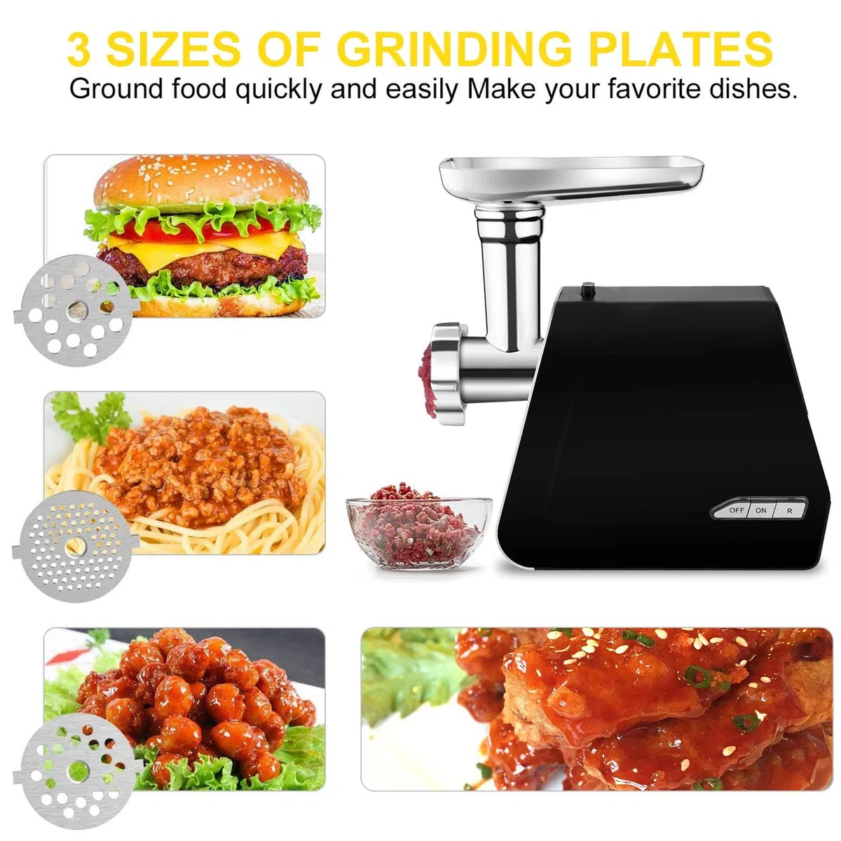 COOCHEER Picadora de carne eléctrica, 2000 W, picadora de carne picada con 3 discos perforados, accesorios para salchichas y kibbe para cocina doméstica, carne, comida para bebés