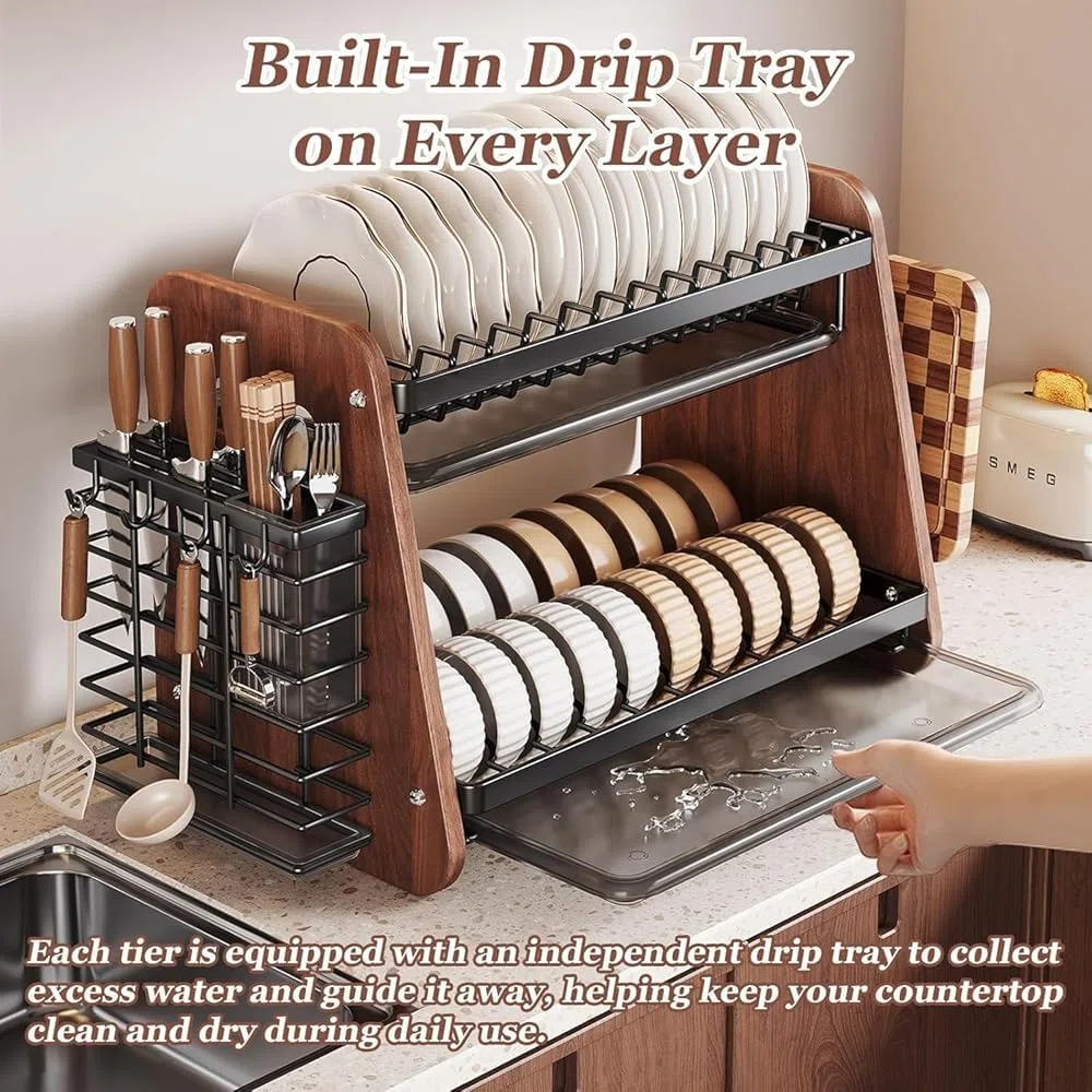 Escurridor de platos de madera de 2 niveles con accesorios de acero inoxidable, escurridor de platos de encimera con soporte extraíble para cubiertos para fregadero de cocina