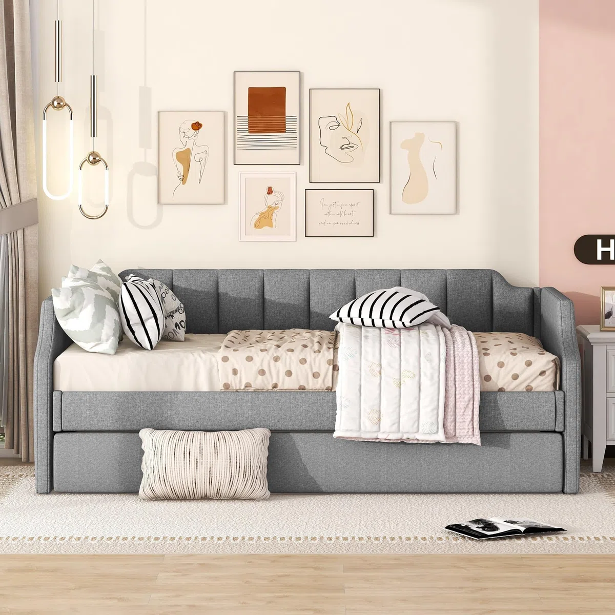 Azkoeesy Sofá Cama tapizado con Cama Nido, 90x200 cm, Cama Doble, Cama de Invitados, para niño y Adulto, máx. 120 kg, Funda de Lino, Color Gris (sin colchón)