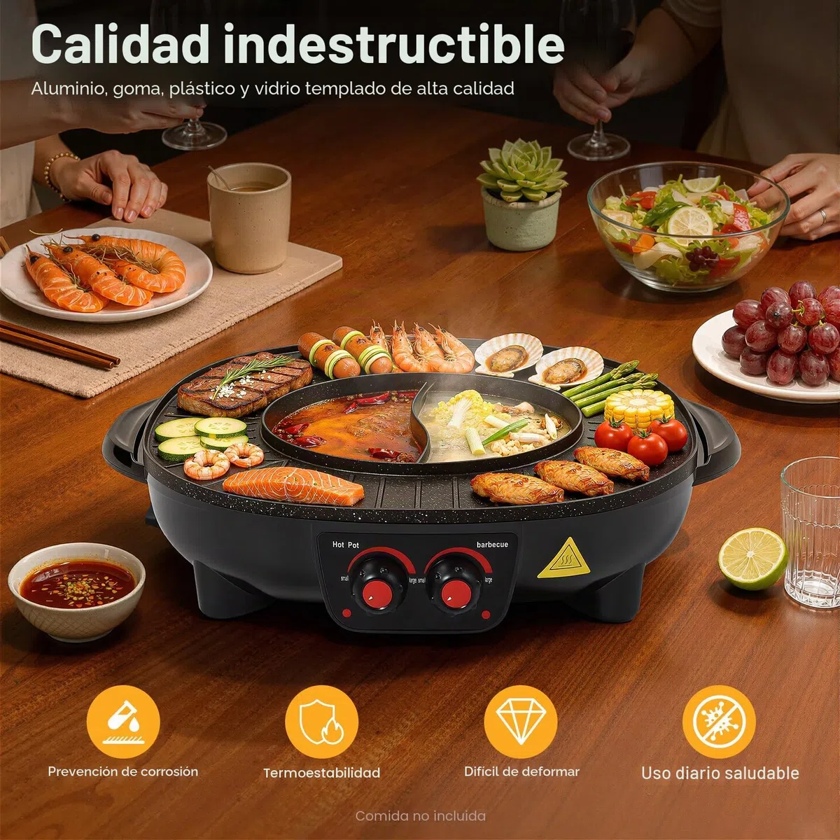 2 en 1 Barbacoa Eléctrica y Olla Caliente, Parrilla Multifuncional sin Humo para Interiores con Temperatura Ajustable, Para BBQ Coreano, Fondue, Shabu-Shabu, Cocina para Fiestas Familiares