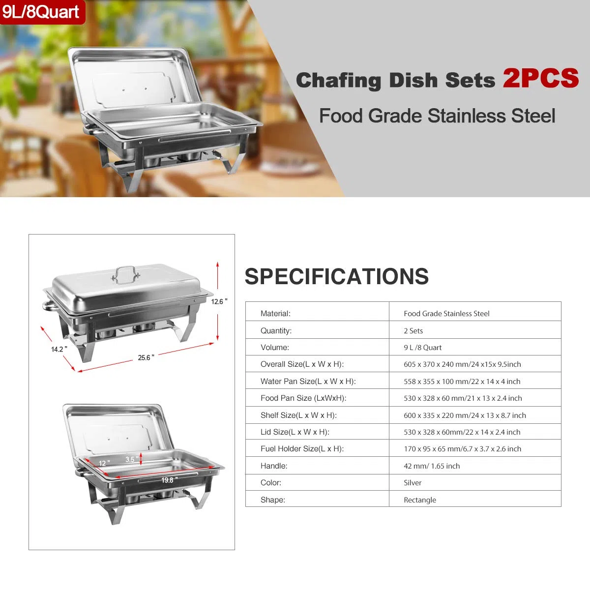 VONLUCE 4 Platos de Frotamiento 9L/8Q de Acero Inoxidable Calentador de Buffet Plegable Calentador de Comida con Bandeja de Agua, Bandeja de Comida y Tapa para Fiesta, Banquete, Bufé (4)