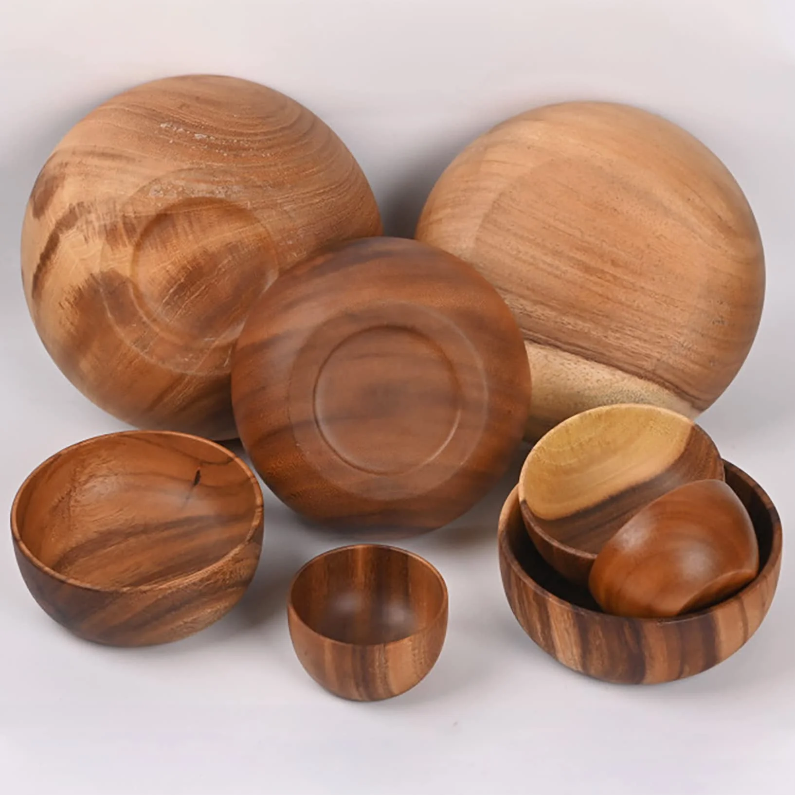 Ensaladera de madera de gran tamaño (20 cm x 7,5 cm), cuenco de madera de acacia hecho a mano, cuenco de madera maciza, cuencos de madera grandes para servir para ensaladas, frutas y cereales