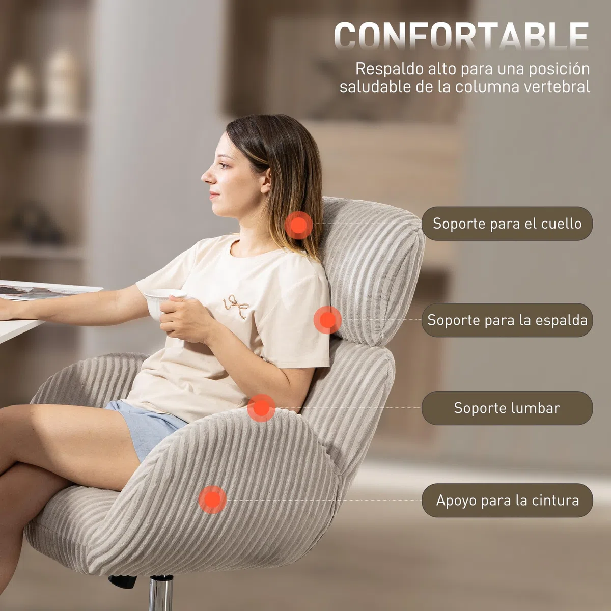 HOMCOM Silla de Oficina Piernas Cruzadas Reposabrazos Respaldo Alto Gris | Silla de Escritorio, Reposacabezas Regulable, Ruedas, Altura Ajustable, Giratoria, Función Basculante, Tapizada en Pana