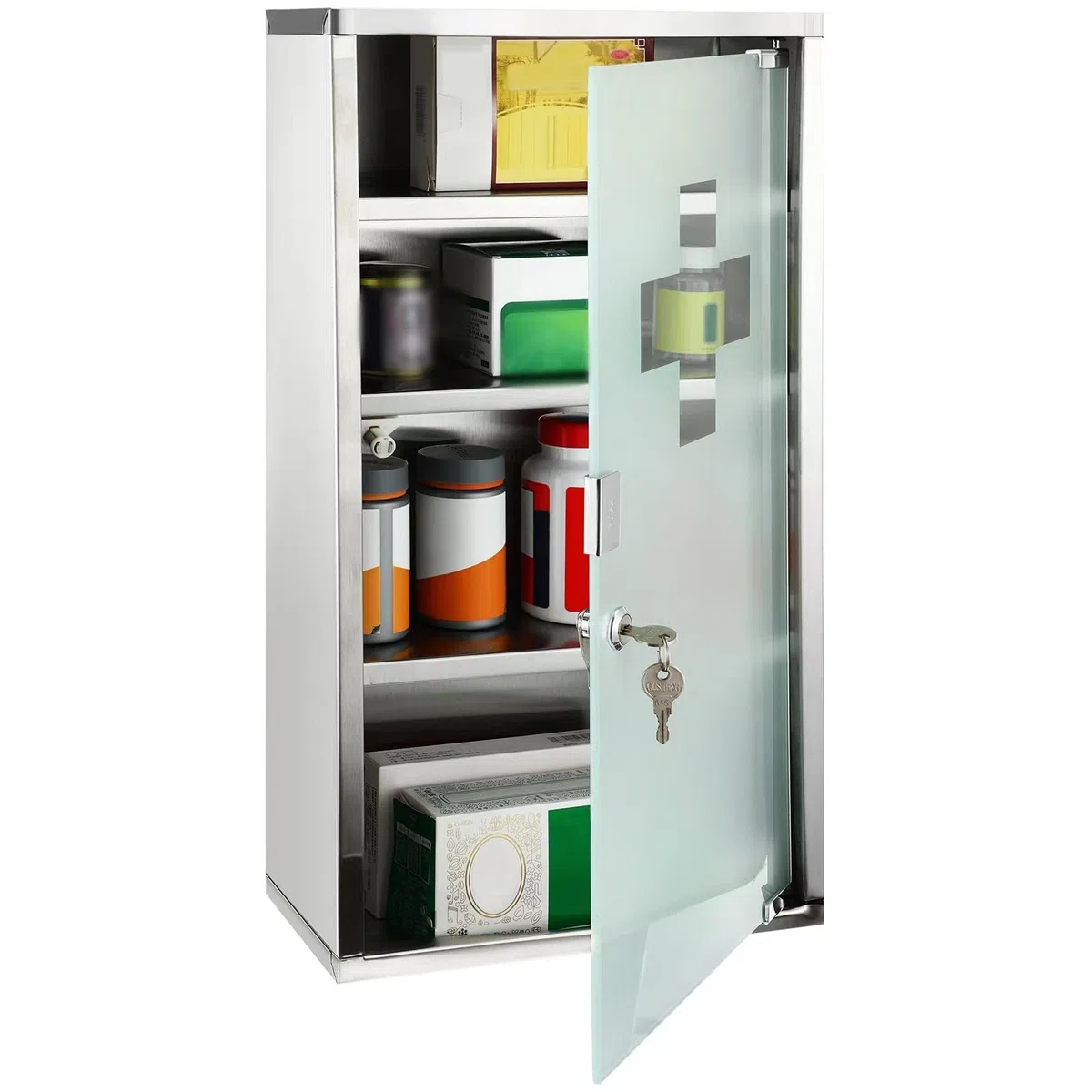 Timgle Botiquín con cerradura, botiquín de primeros auxilios, montado en la pared, almacenamiento de baño, gabinete médico colgante para baño, vestuario, plateado brillante (4 estantes)